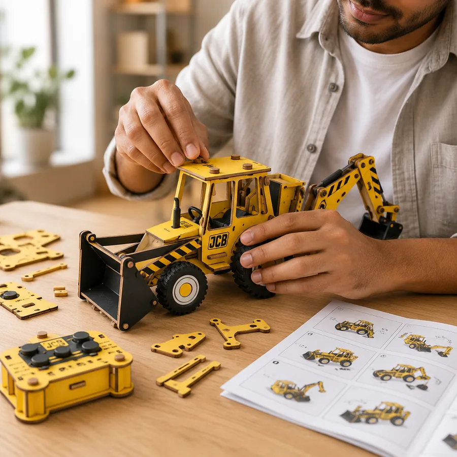 Assembling the JCB with a screwdriver, step-by-step manual alongside