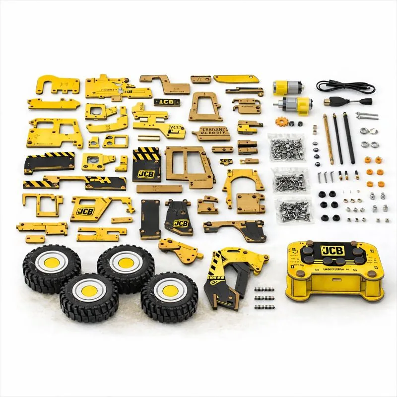 All the laser-cut parts, motor, remote and hardware laid out
