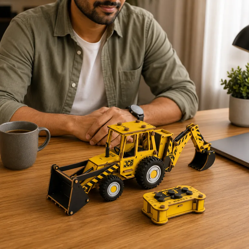Adult with the finished RC JCB on his desk