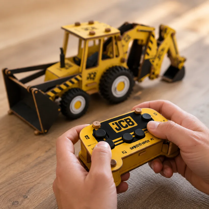 Hands on the wireless controller, driving the finished RC JCB
